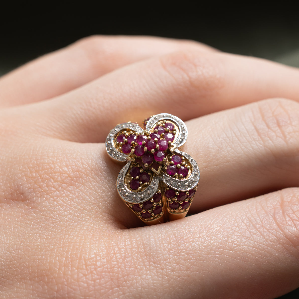 10k Ruby & Diamond Cluster Clover Cocktail Ring | 1.95ct, 0.08ctw | SZ 8.25