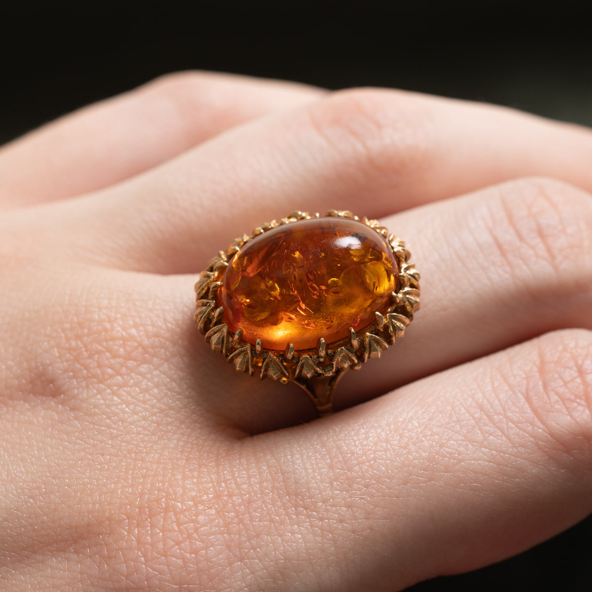 14k Solitaire Amber Textured Cocktail Ring | 4.80ct | SZ 6.75