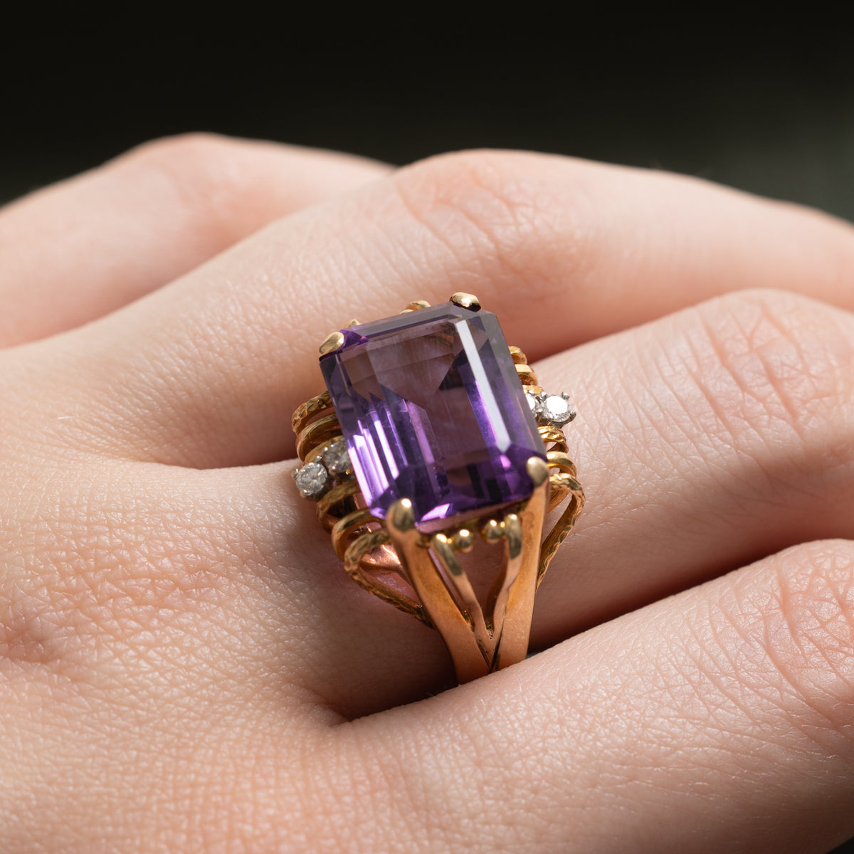 14k East West Amethyst & Diamond Openwork Cocktail Ring | 10.15ct, 0.14ctw | SZ 7.5