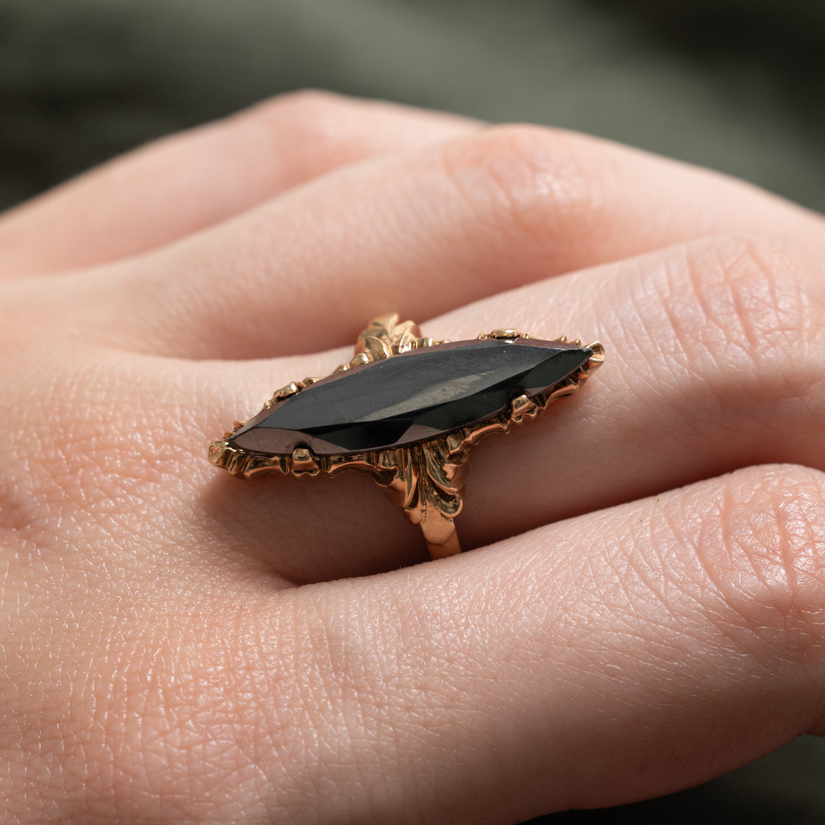 10k Solitaire Hematite Scrollwork Marquise Ornate Ring | 3.90ct | SZ 7.5