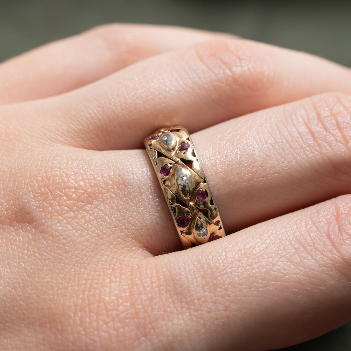 14k Eternity Ruby & Diamond Openwork & Textured Band | 0.40ct, 0.12ctw | 7.30mm | SZ 7.25