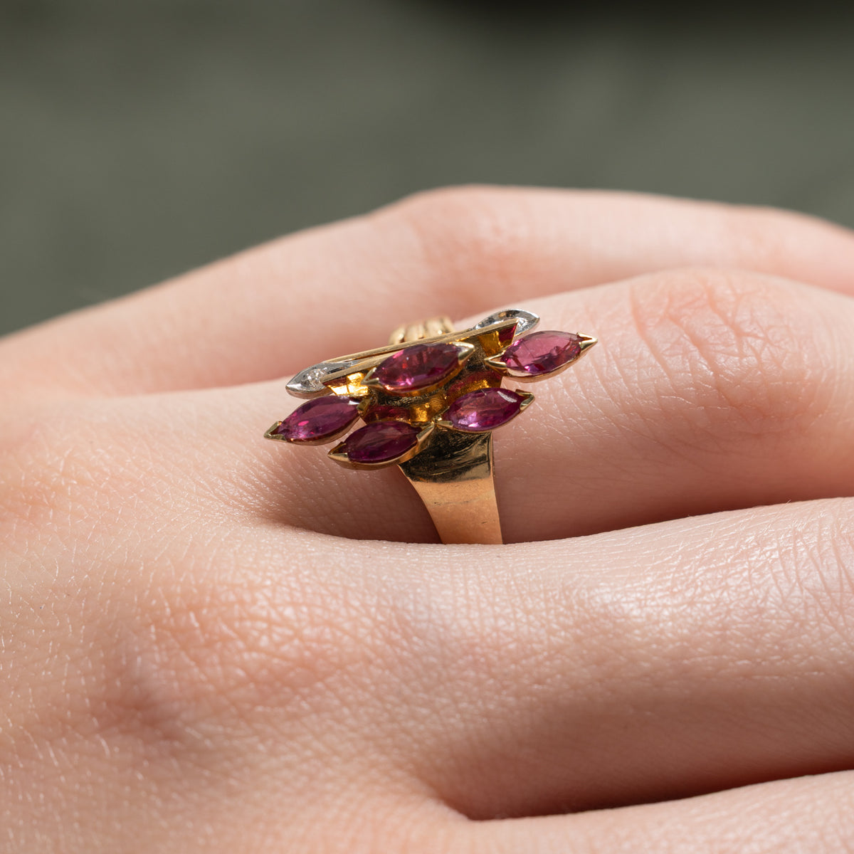 14k Marquise Cut Ruby & Diamond Cluster Grooved Ring | 0.60ctw, 0.01ctw | SZ 6.25