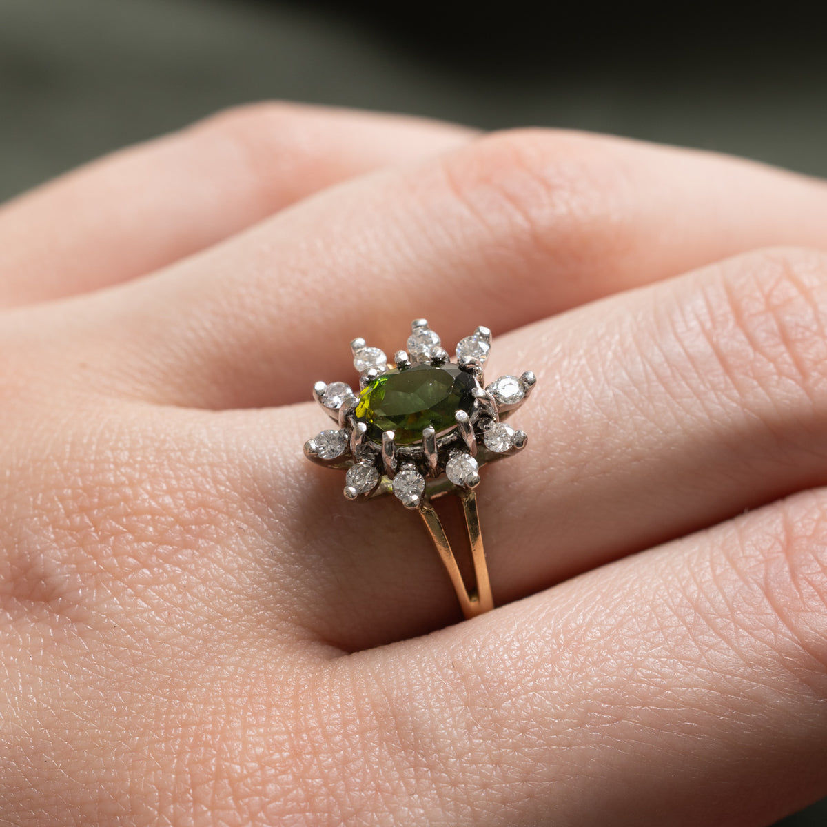 14k Oval Cut Tourmaline & Diamond Petal Halo Ring | 1.35ct, 0.30ctw | SZ 6.75