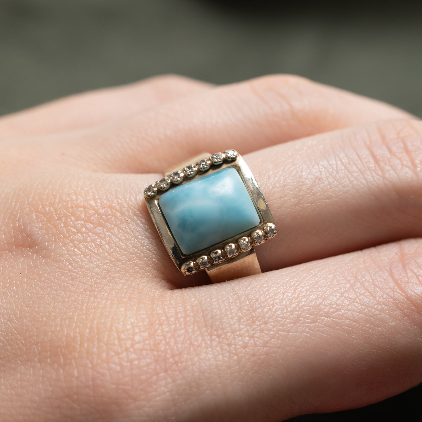14k Cabochon Larimar & Diamond Framed Geometric Ring | 2.20ct, 0.07ctw | SZ 9.75