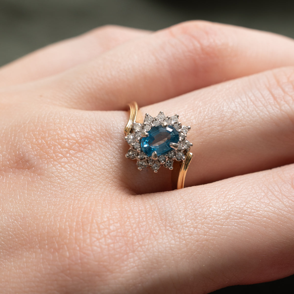 14k Oval Cut Blue Topaz & Diamond Petal Halo Bypass Ring | 0.95ct, 0.18ctw | SZ 8.25