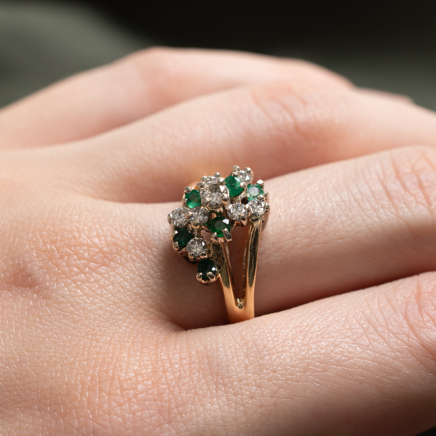 14k Emerald & Diamond Cluster Waterfall Ring | 0.35ct, 0.53ctw | SZ 7