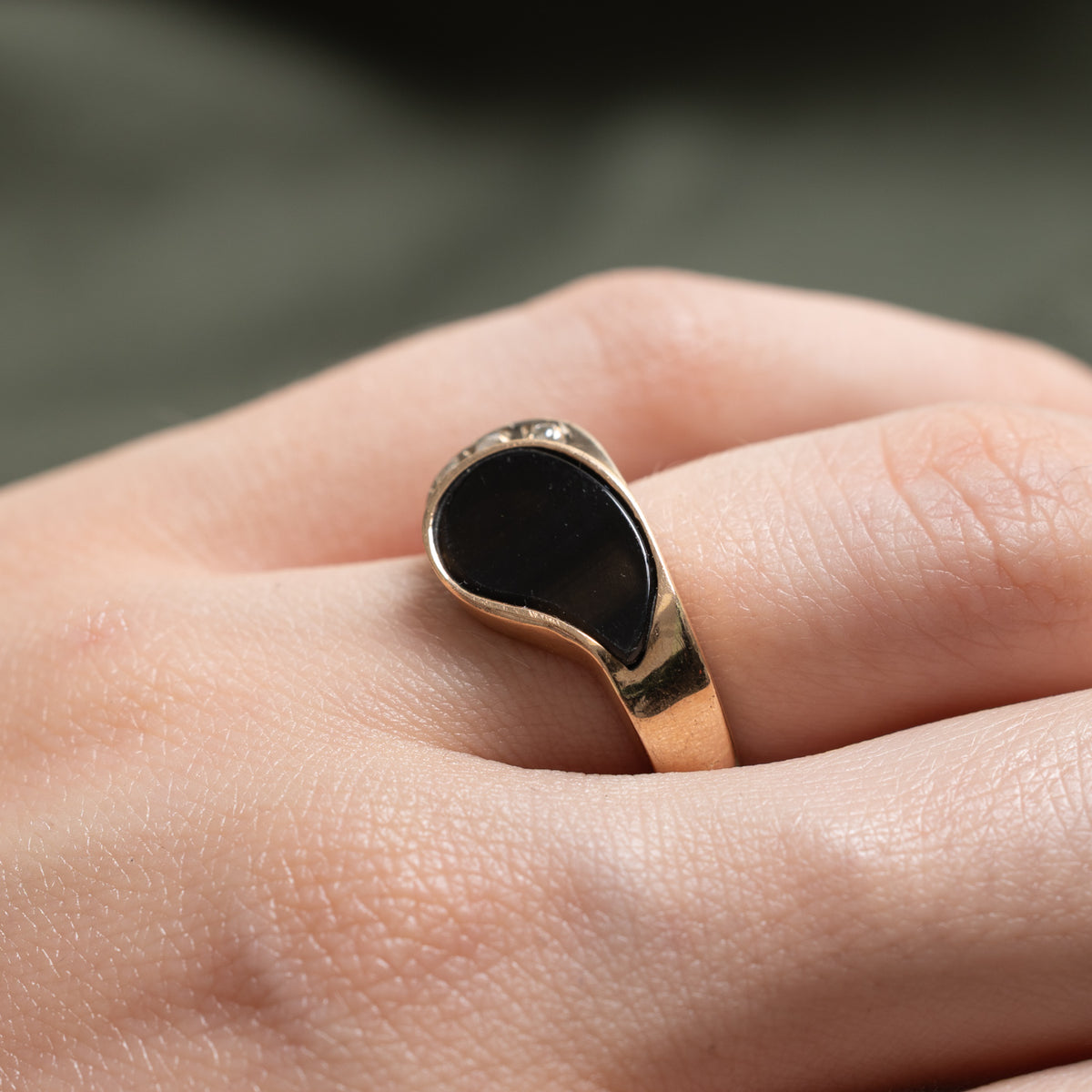 14k Bezel Set Onyx & Diamond Plain Teardrop Ring | 1.50ct, 0.06ctw | SZ 6.5