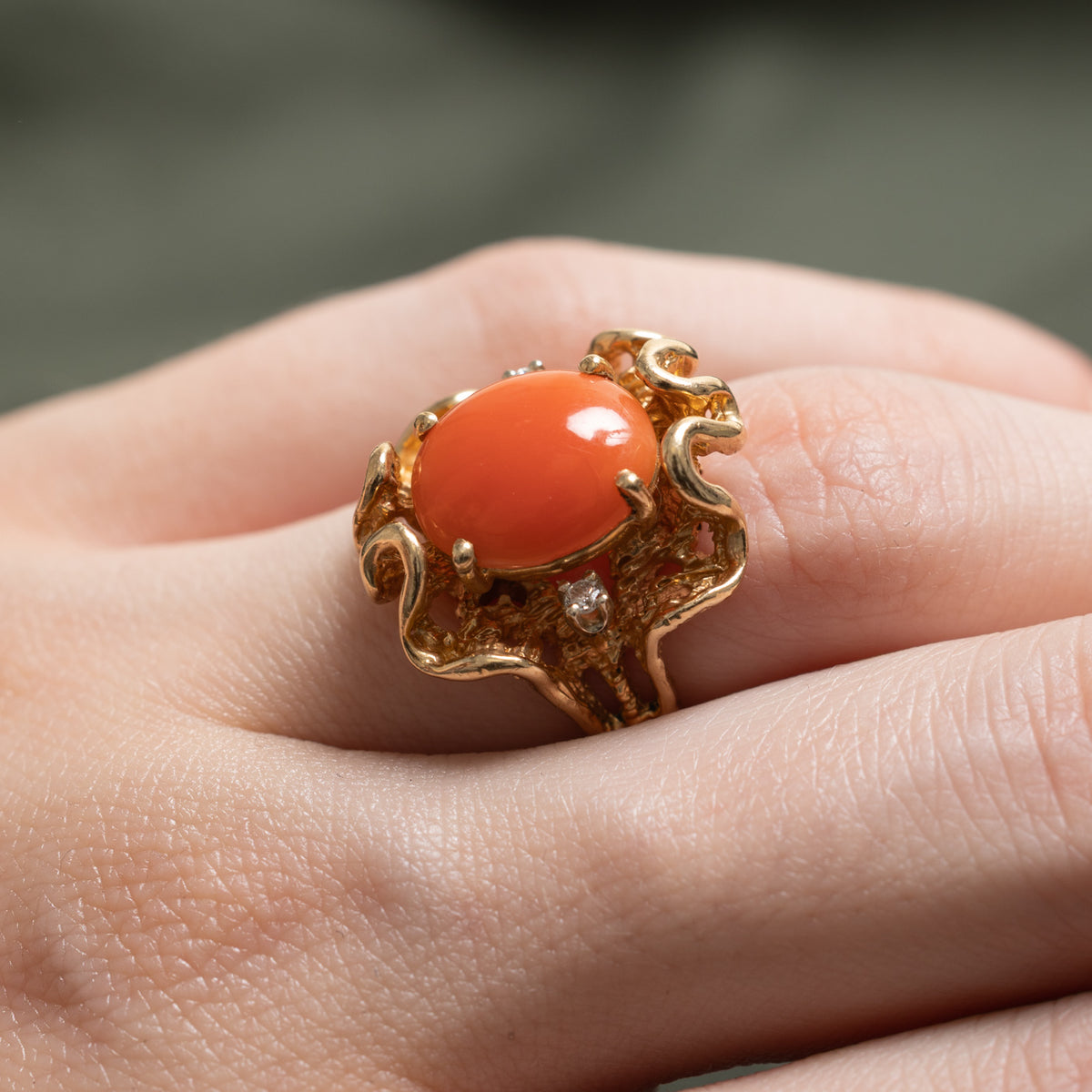 14k Cabochon Coral & Diamond Nuggety Organic Cocktail Ring | 2.37ct, 0.05ctw | SZ 4