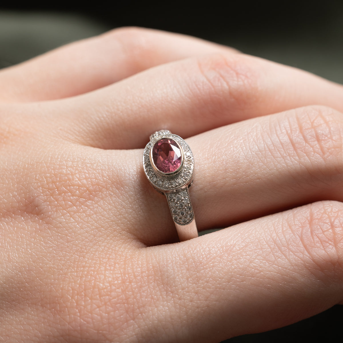 14k East West Pink Tourmaline & Diamond Halo Ring | 0.90ct, 0.22ctw | SZ 8.25
