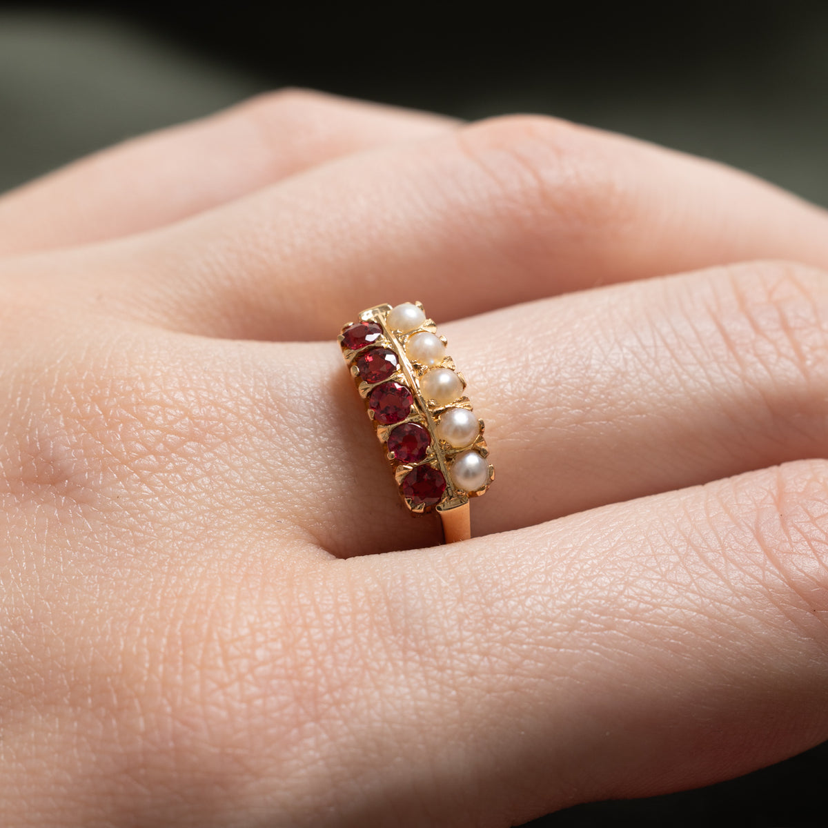 18k Double Row Red Glass & Pearl Ring | 0.40ctw | SZ 7.75