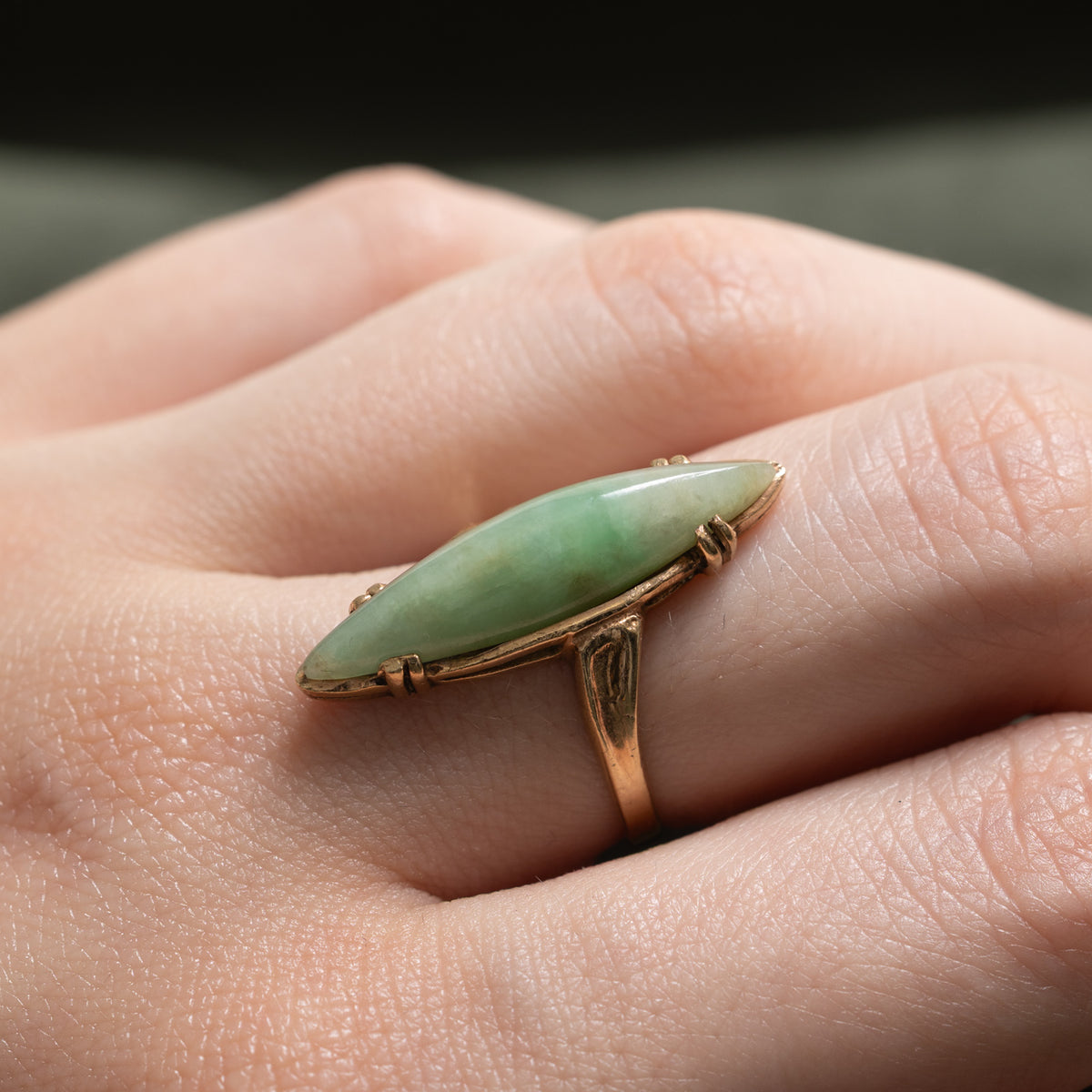 10k Solitaire Jadeite Grooved Navette Ring | 4.90ct | SZ 5.75