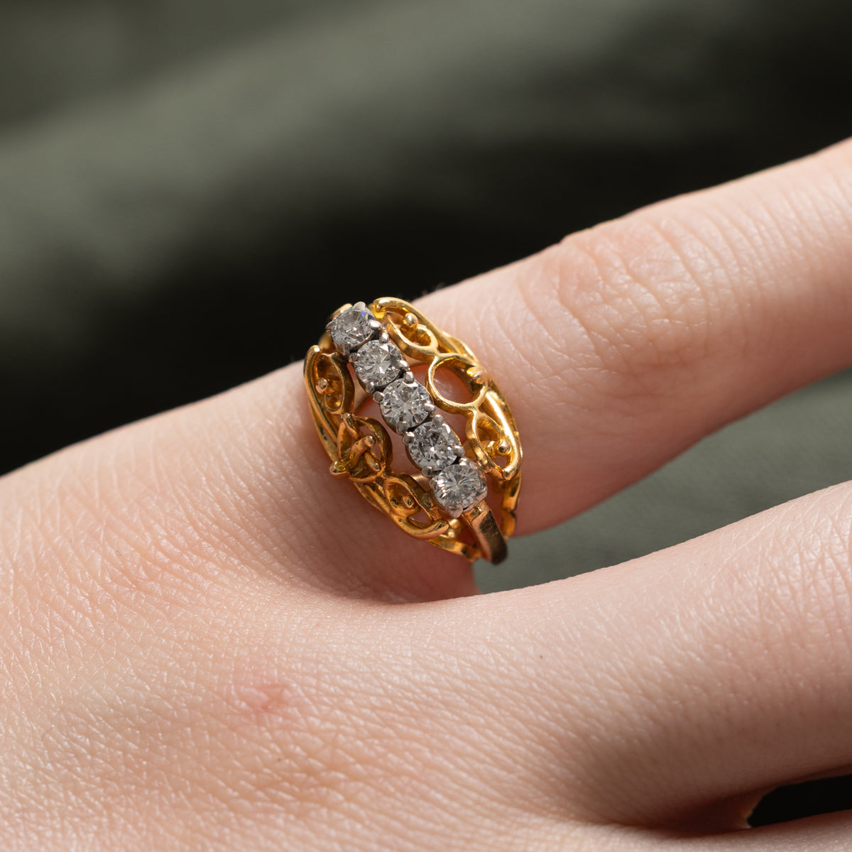 20k Five Stone Diamond Openwork & Scrollwork Ring | 0.45ctw | SZ 2.25