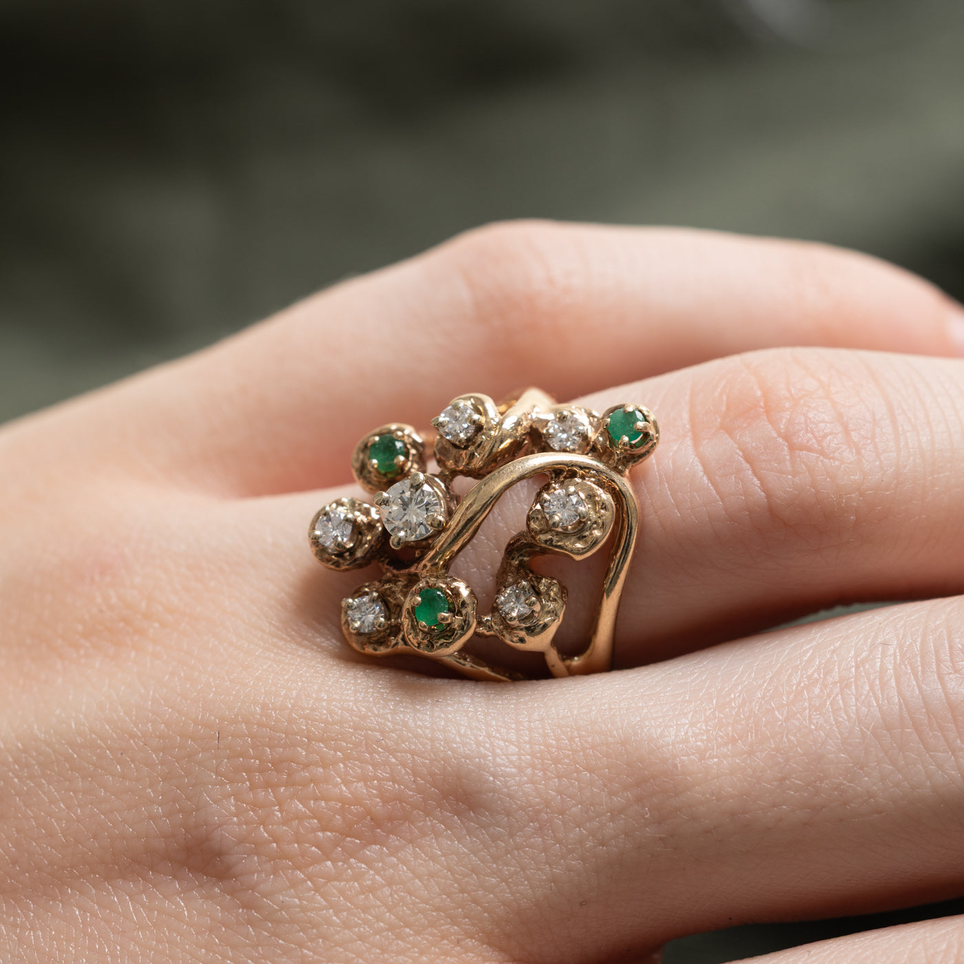 10k Scattered Emerald & Diamond Openwork Cocktail Ring | 0.12ctw, 0.48ctw | SZ 5.5
