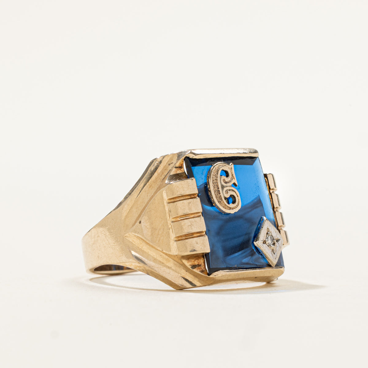 10k Synthetic Sapphire & Diamond "C" Initial Signet Ring | 5.00ct, 0.01ct | SZ 9.75
