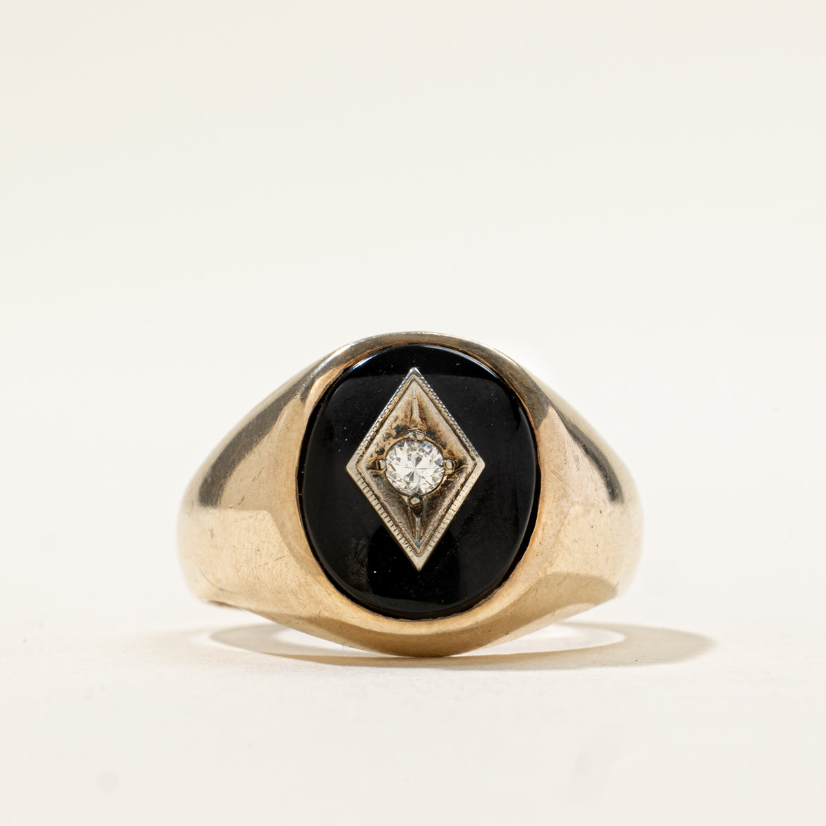 10k Bezel Set Onyx & Diamond Geometric Signet Ring | 2.70ct, 0.08ct | SZ 10