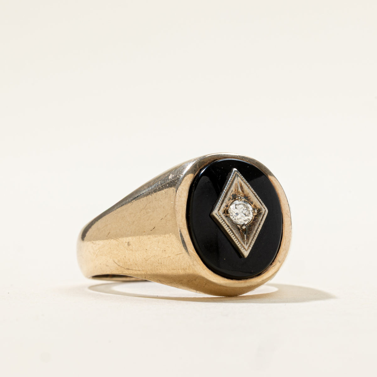 10k Bezel Set Onyx & Diamond Geometric Signet Ring | 2.70ct, 0.08ct | SZ 10