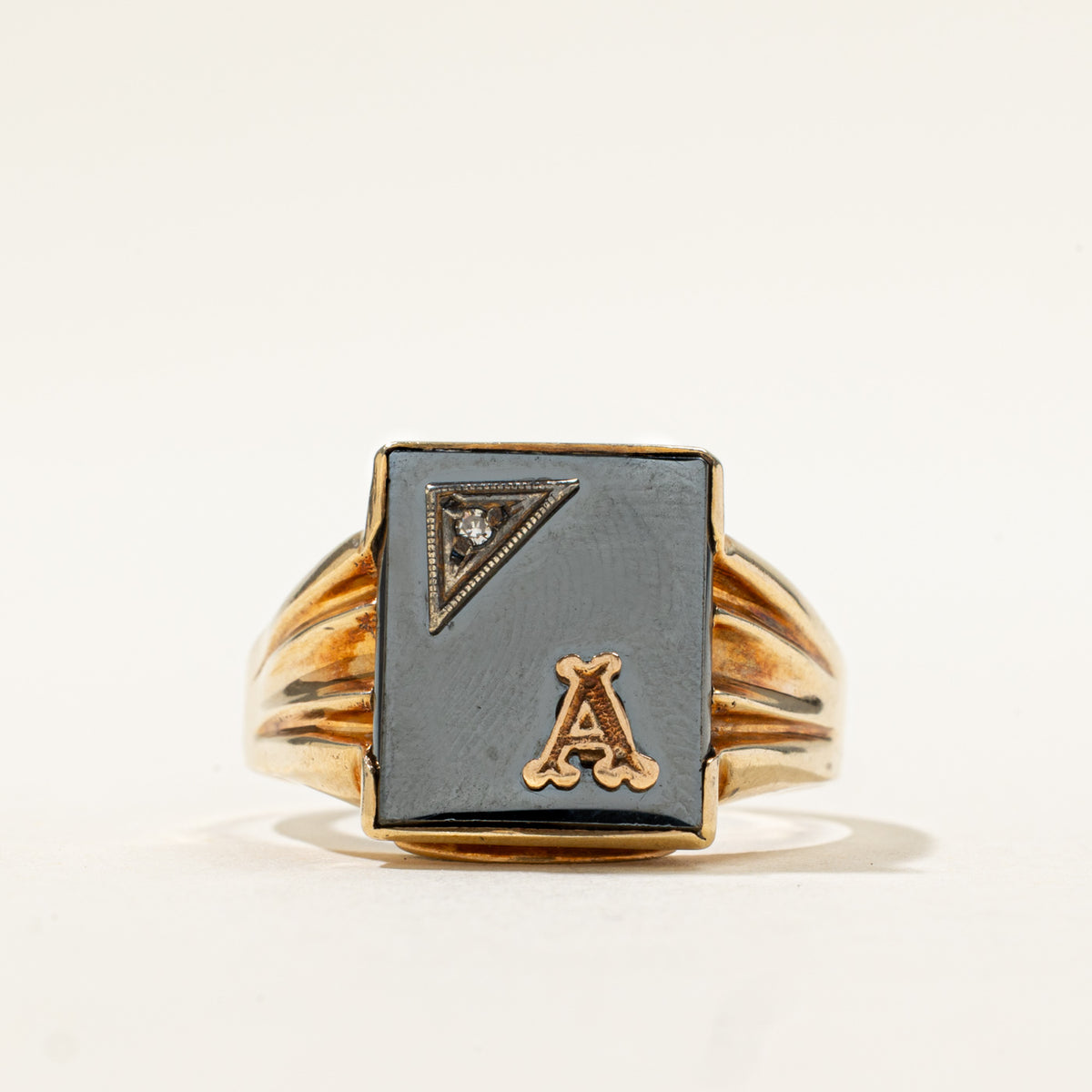 10k Hematite & Diamond "A" Initial Grooved Signet Ring | 5.75ct, 0.005ctw | SZ 11.75