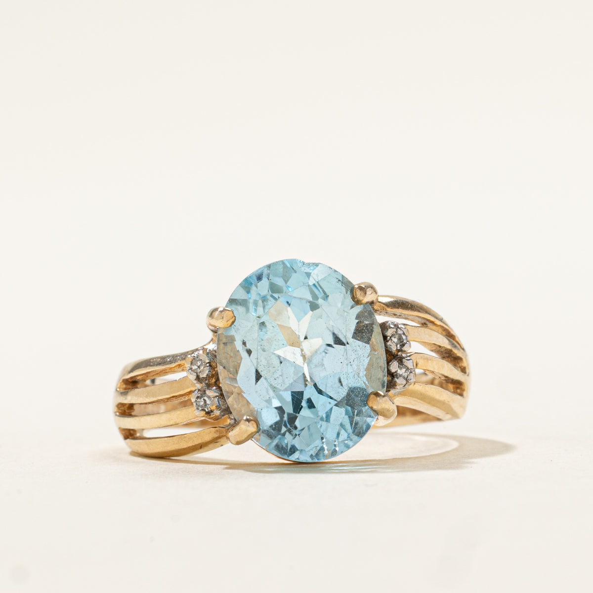 10k Blue Topaz & Diamond Grooved Wave Ring | 4.30ct, 0.008ctw | SZ 6.5