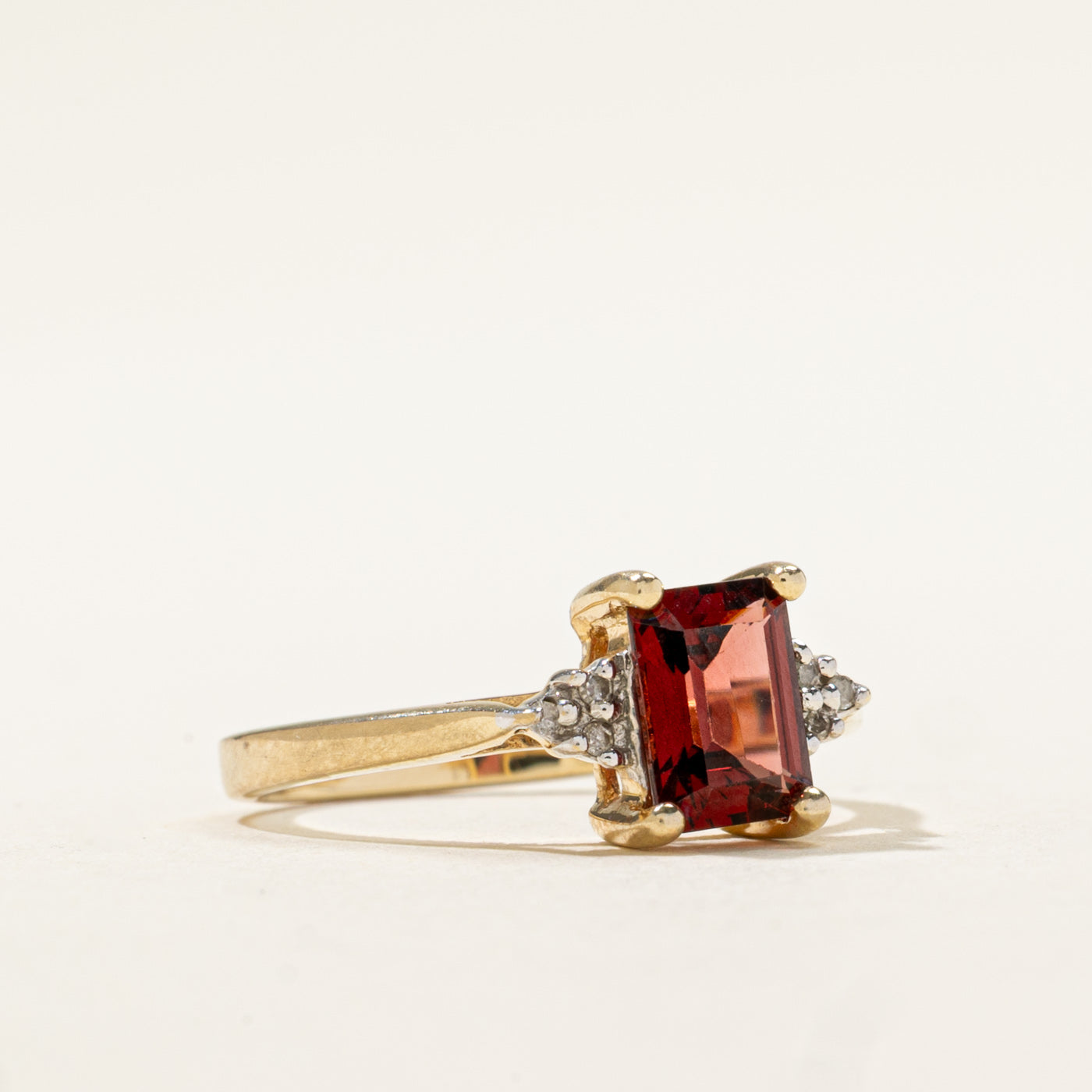 10k Rectangle Cut Garnet & Diamond Accented Ring | 1.00ct, 0.01ctw | SZ 6
