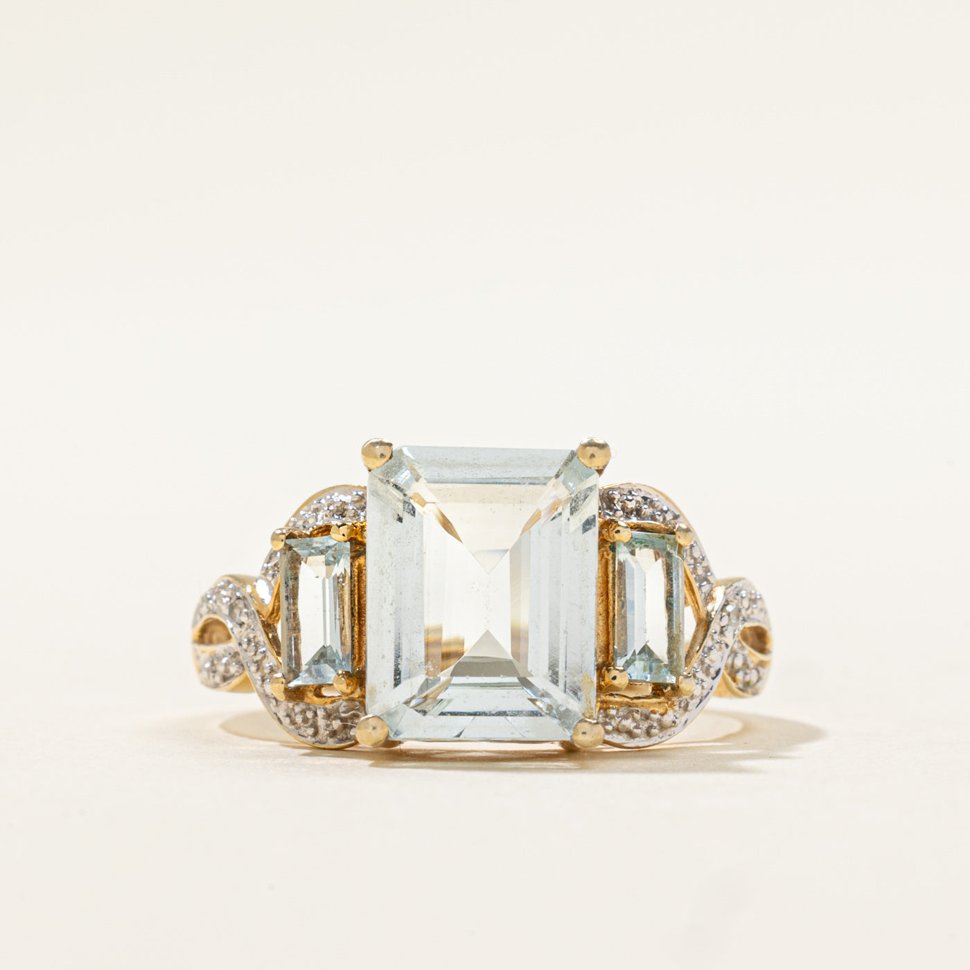 10k Three Stone Aquamarine & Diamond Accented Ring | 2.70ct, 0.004ctw | SZ 7.25