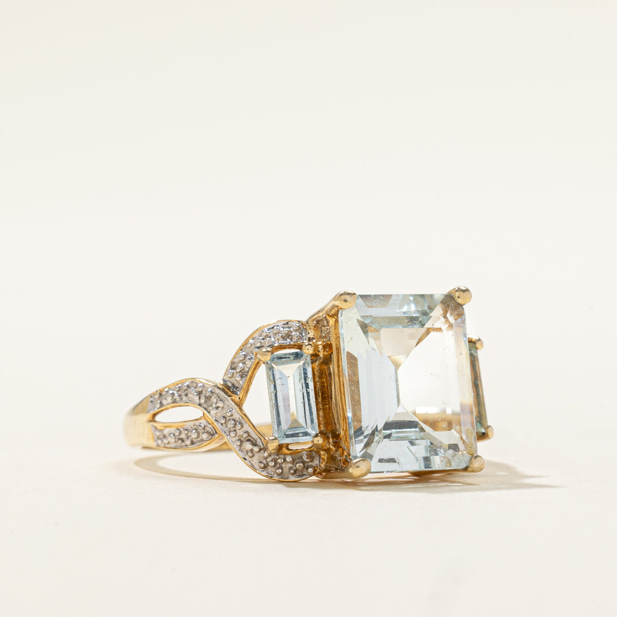 10k Three Stone Aquamarine & Diamond Accented Ring | 2.70ct, 0.004ctw | SZ 7.25