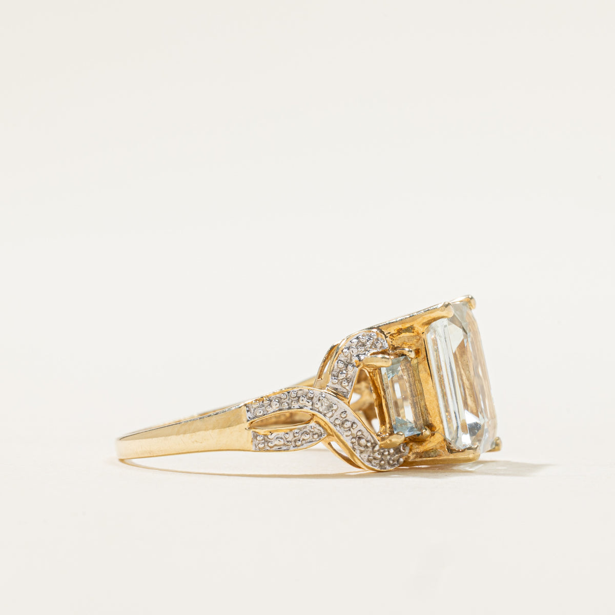 10k Three Stone Aquamarine & Diamond Accented Ring | 2.70ct, 0.004ctw | SZ 7.25