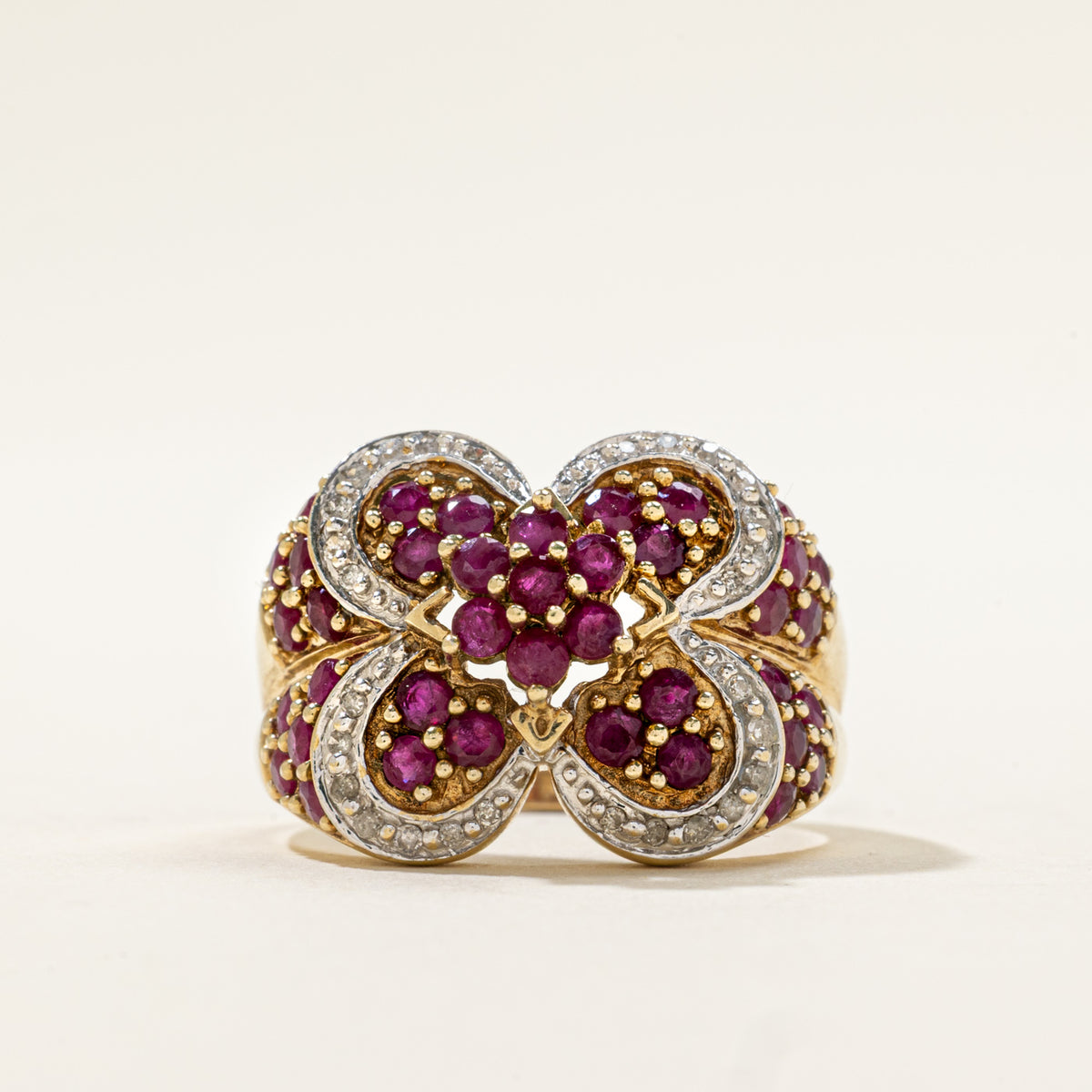 10k Ruby & Diamond Cluster Clover Cocktail Ring | 1.95ct, 0.08ctw | SZ 8.25