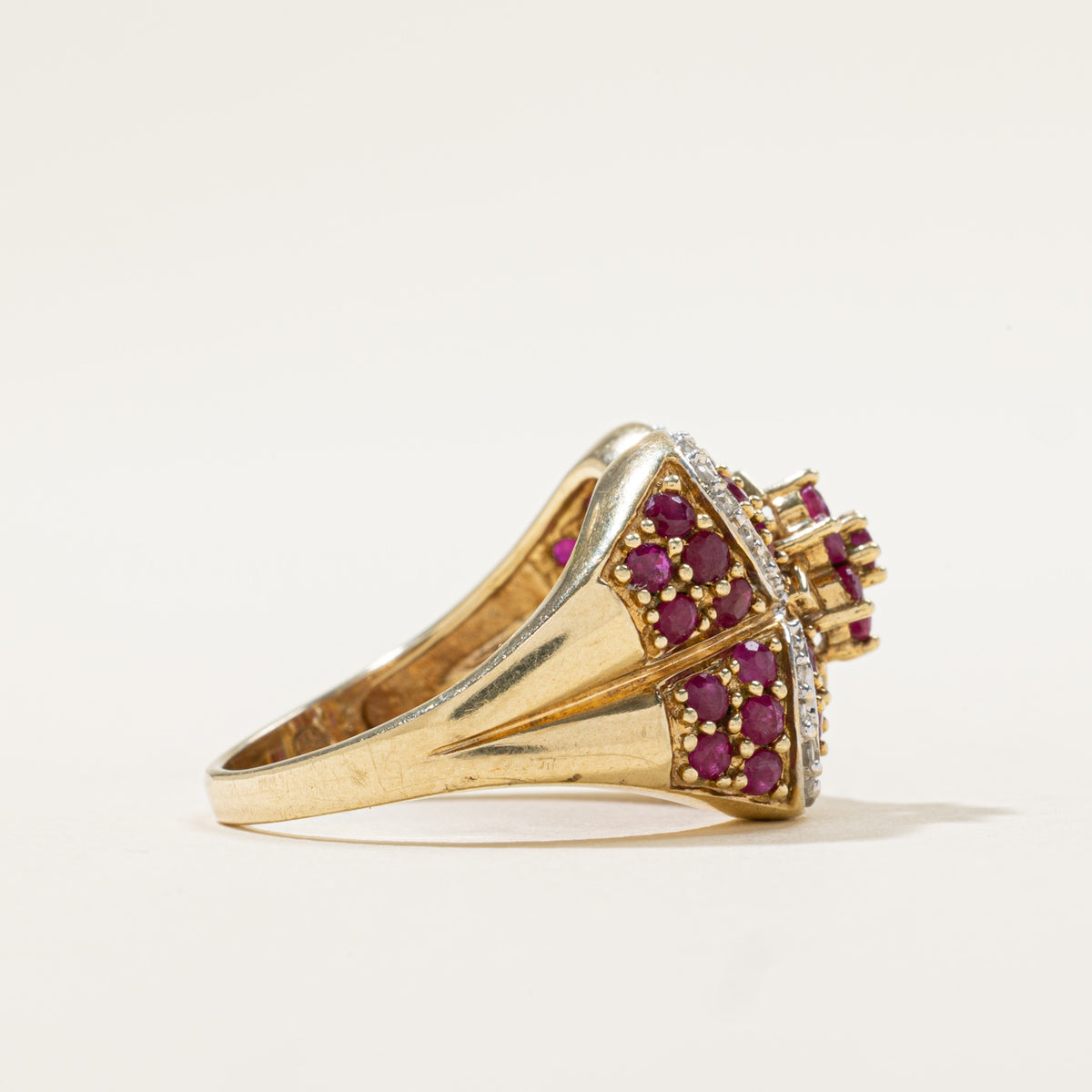 10k Ruby & Diamond Cluster Clover Cocktail Ring | 1.95ct, 0.08ctw | SZ 8.25