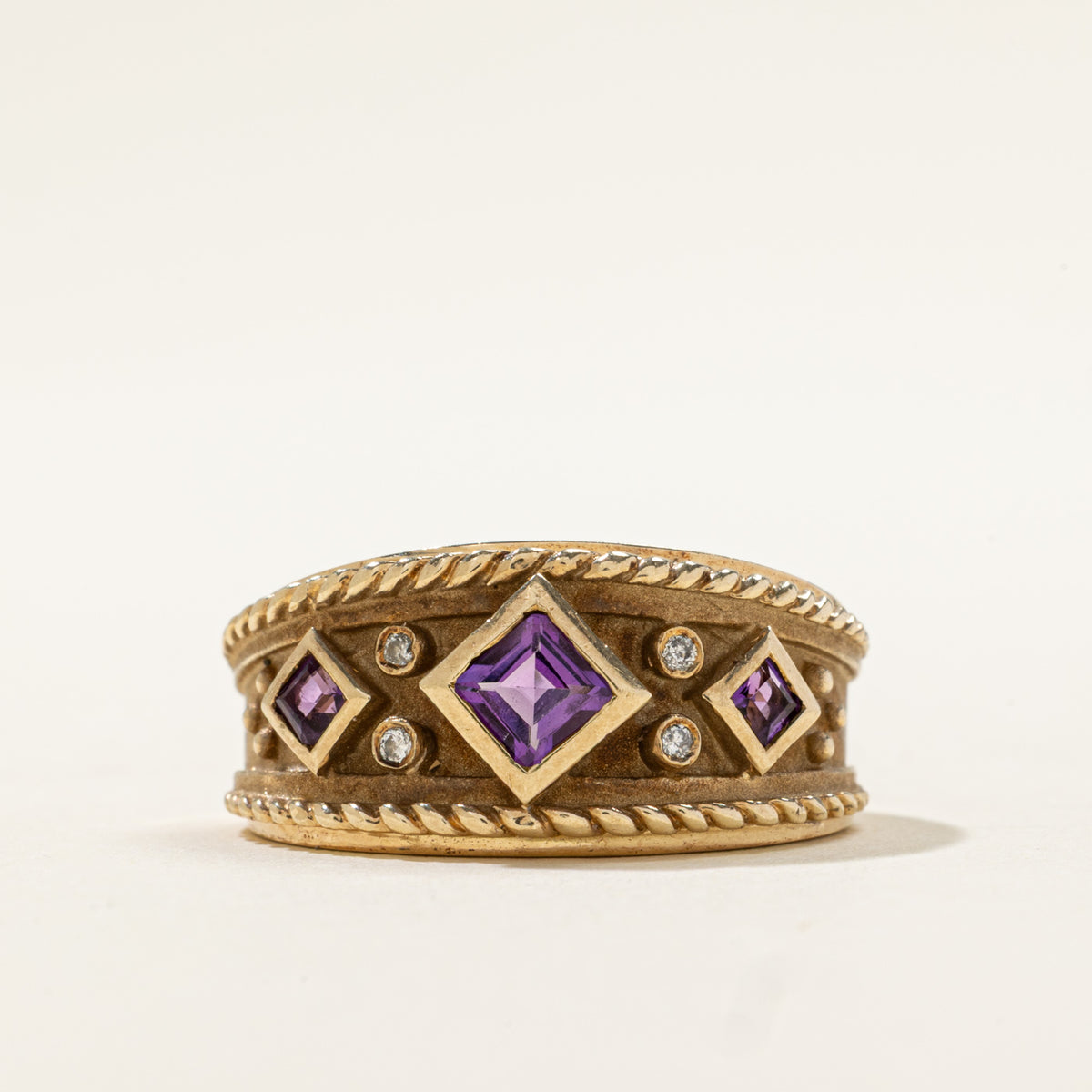 10k Amethyst & Diamond Geometric Tapered Band | 0.34ctw, 0.04ctw | SZ 7