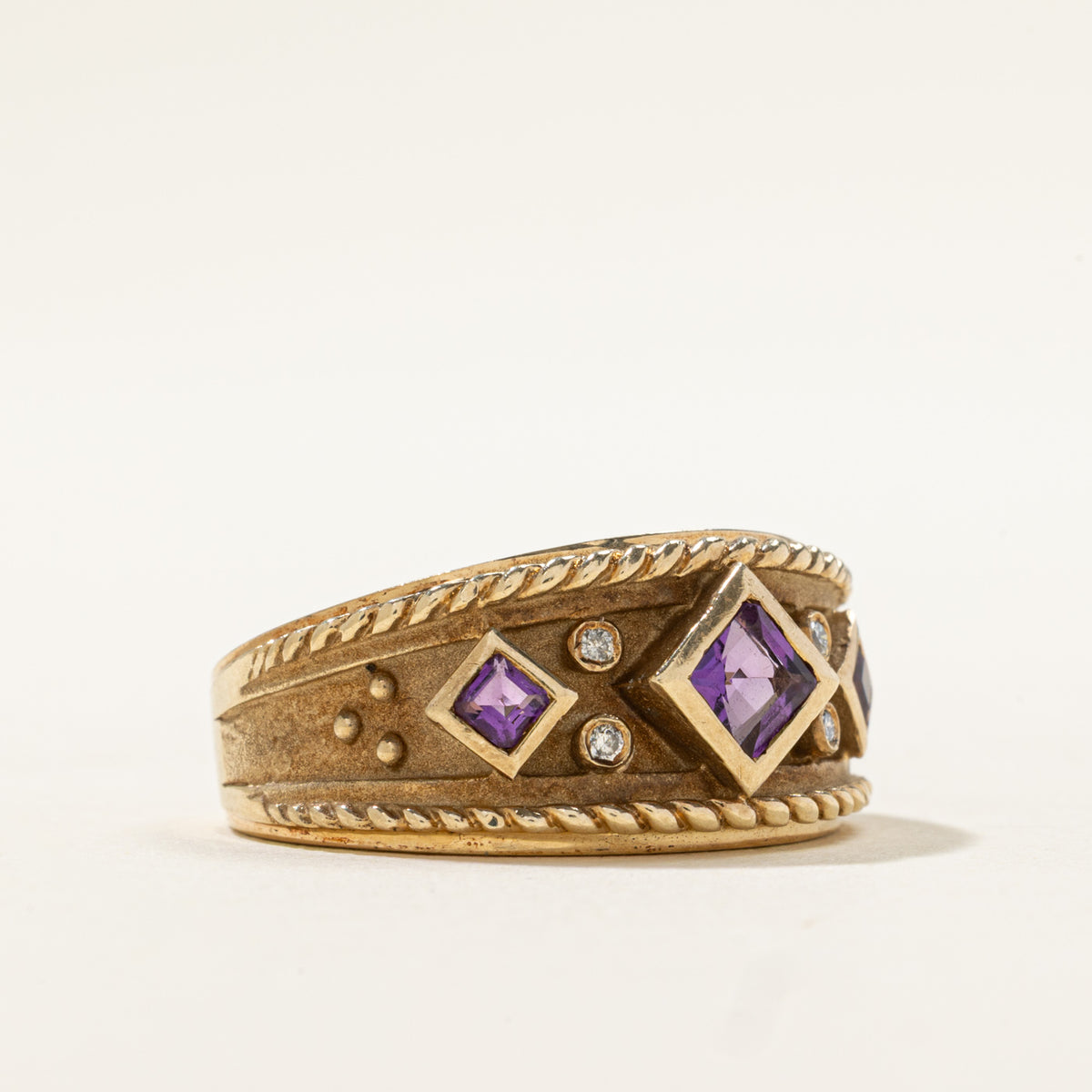 10k Amethyst & Diamond Geometric Tapered Band | 0.34ctw, 0.04ctw | SZ 7