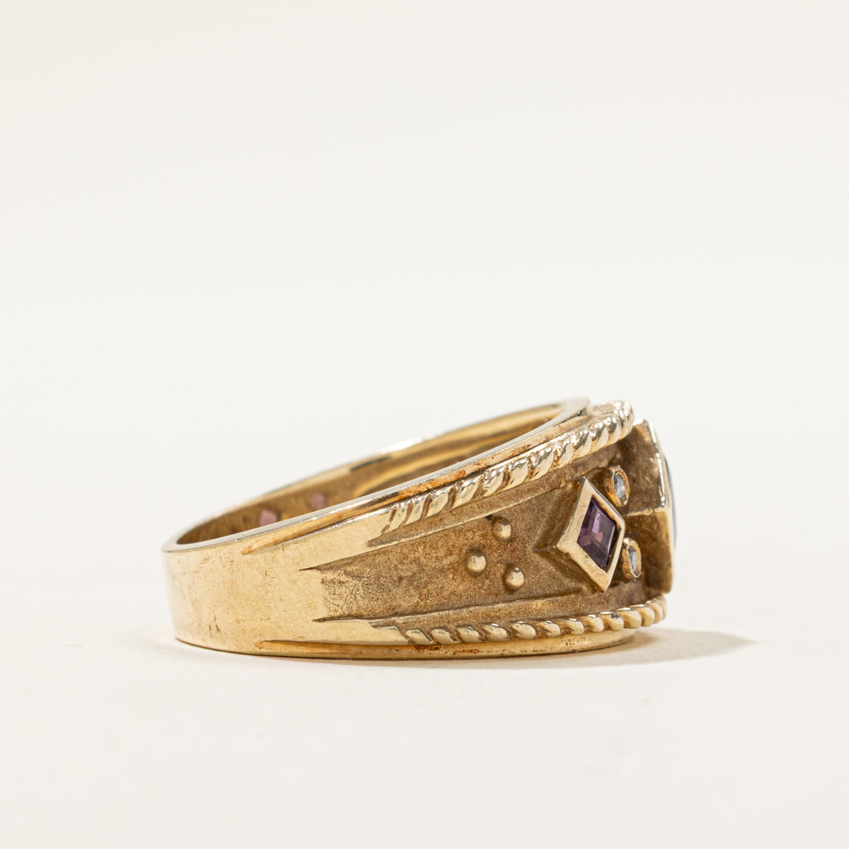 10k Amethyst & Diamond Geometric Tapered Band | 0.34ctw, 0.04ctw | SZ 7