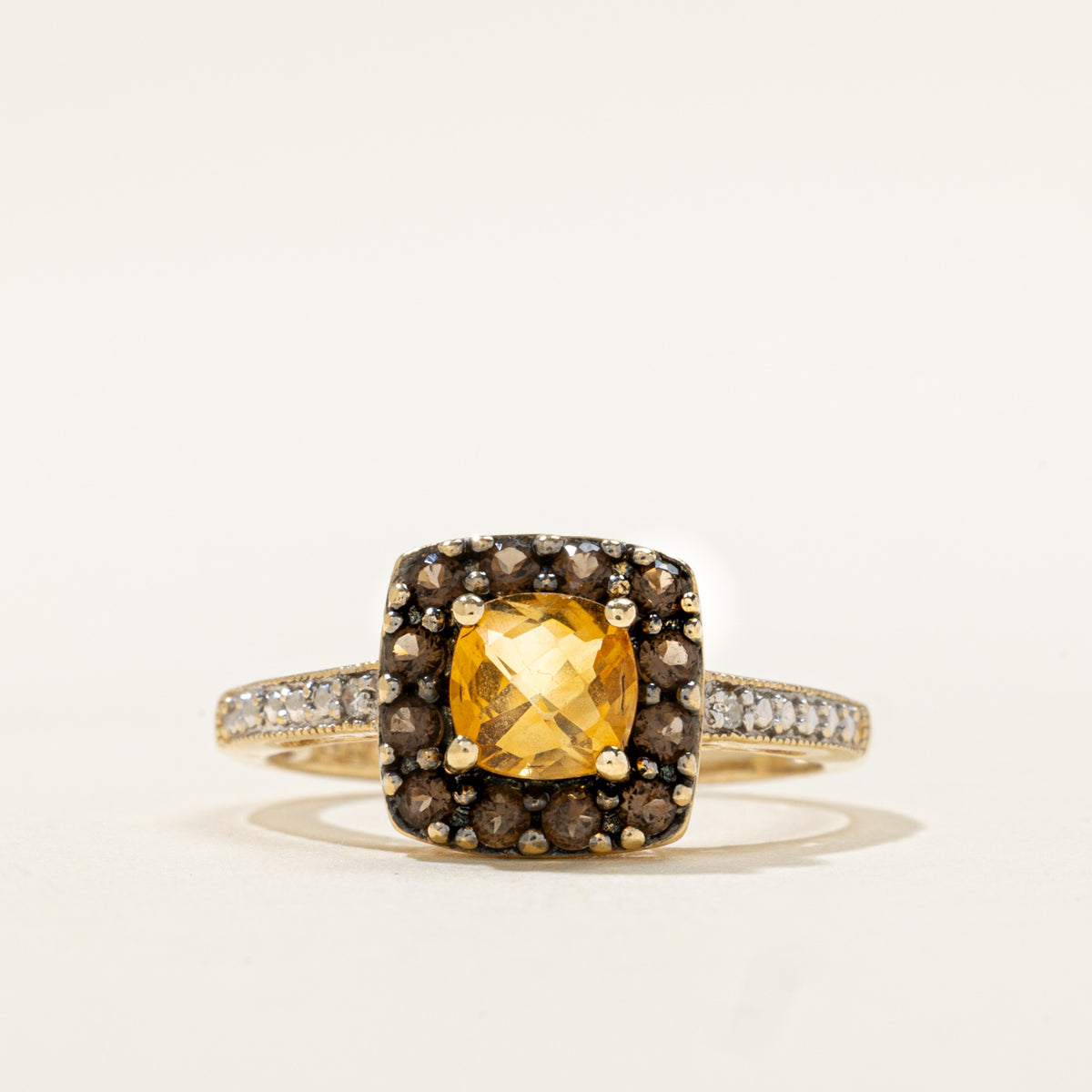 10k Citrine, Smoky Quartz & Diamond Halo Milgrained Ring | 0.58ctw, 0.01ctw | SZ 5.25