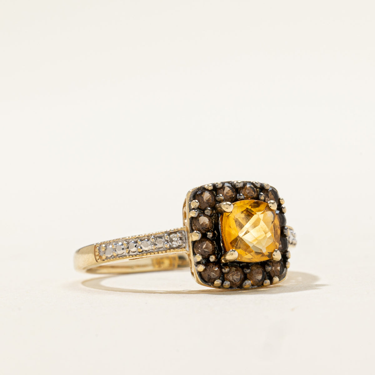10k Citrine, Smoky Quartz & Diamond Halo Milgrained Ring | 0.58ctw, 0.01ctw | SZ 5.25