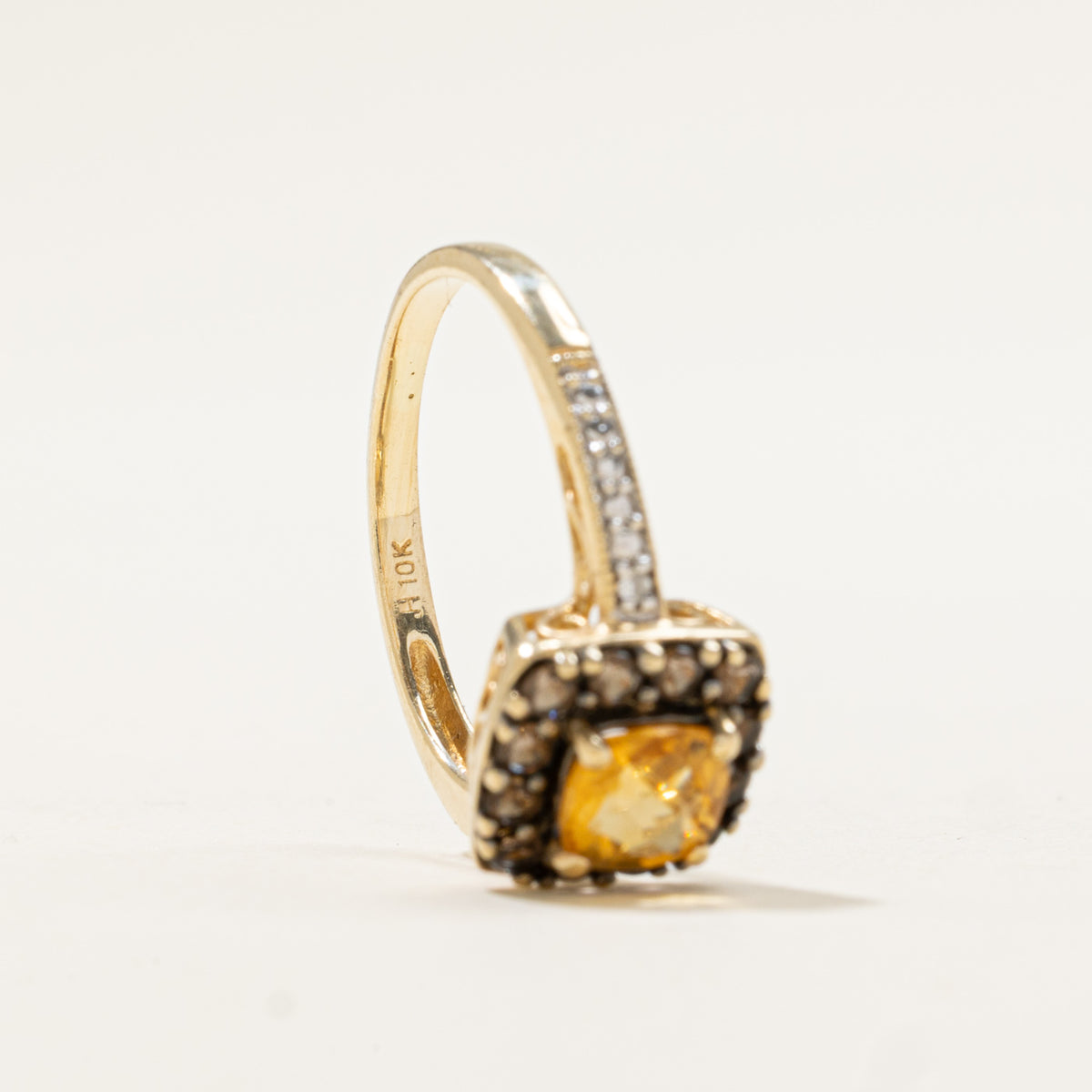10k Citrine, Smoky Quartz & Diamond Halo Milgrained Ring | 0.58ctw, 0.01ctw | SZ 5.25