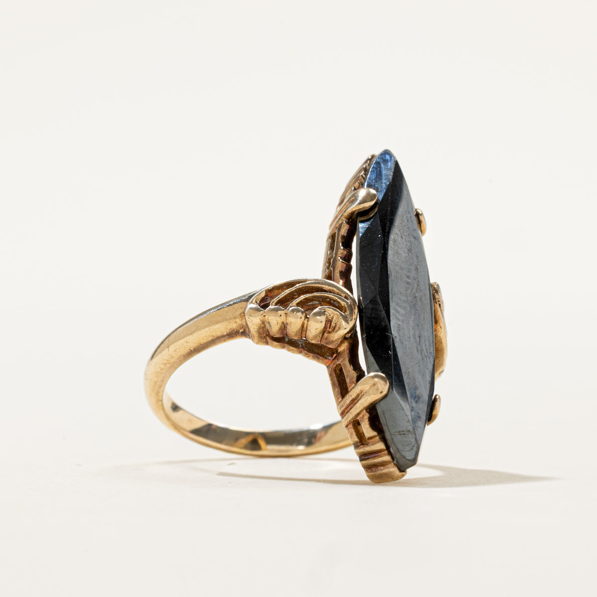 10k Solitaire Hematite Scrollwork Navette Ring | 3.80ct | SZ 6