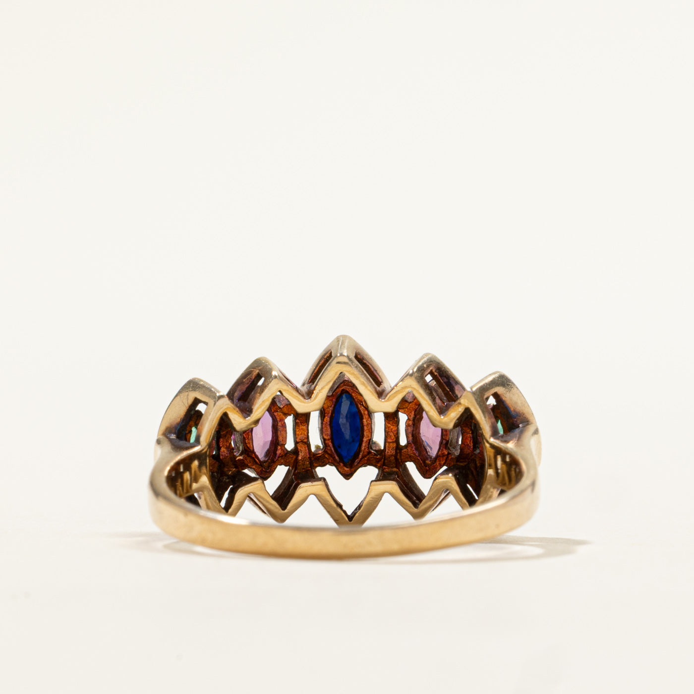 14k Five Stone Marquise Cut Sapphire, Ruby & Emerald Openwork Ring | 0.52ctw | SZ 8