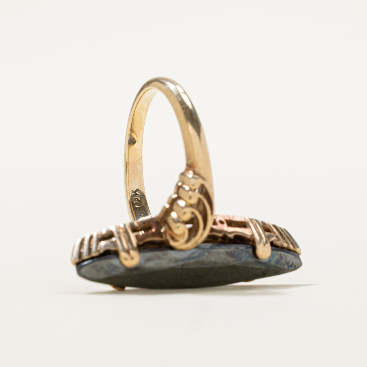 10k Solitaire Hematite Scrollwork Navette Ring | 3.80ct | SZ 6