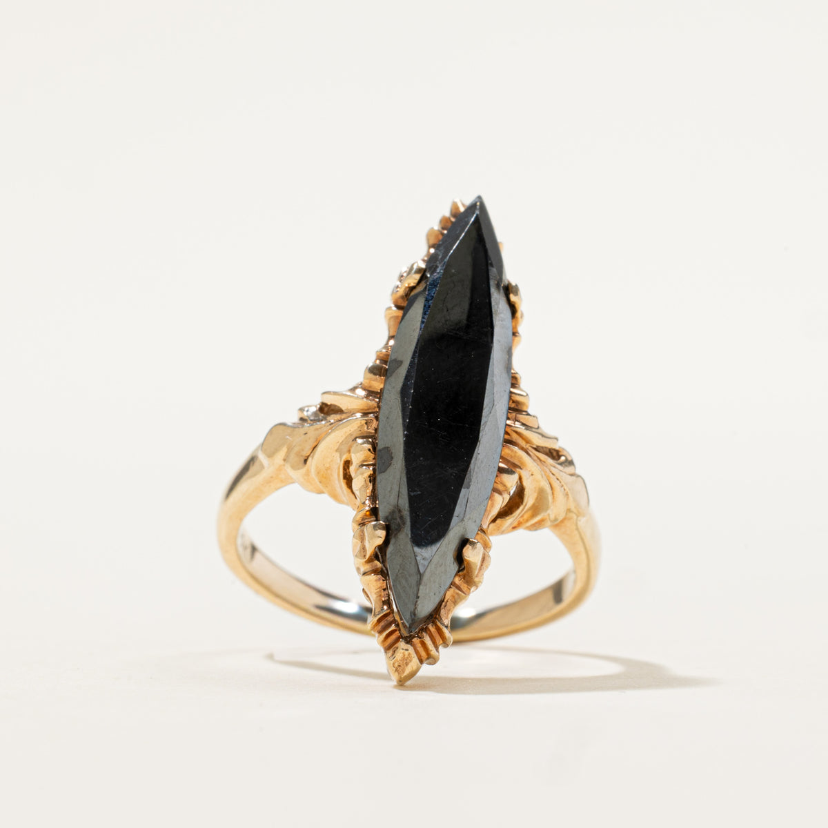 10k Solitaire Hematite Scrollwork Marquise Ornate Ring | 3.90ct | SZ 7.5