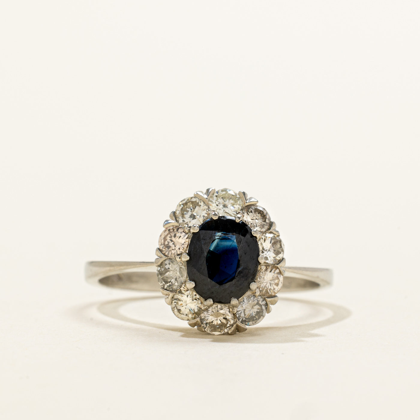 Austrian White Gold Sapphire & Diamond Halo Ring | 0.90ct, 0.50ctw | SZ 7.5