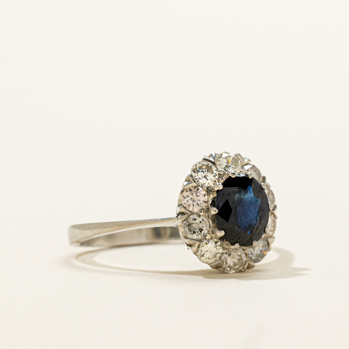 Austrian White Gold Sapphire & Diamond Halo Ring | 0.90ct, 0.50ctw | SZ 7.5