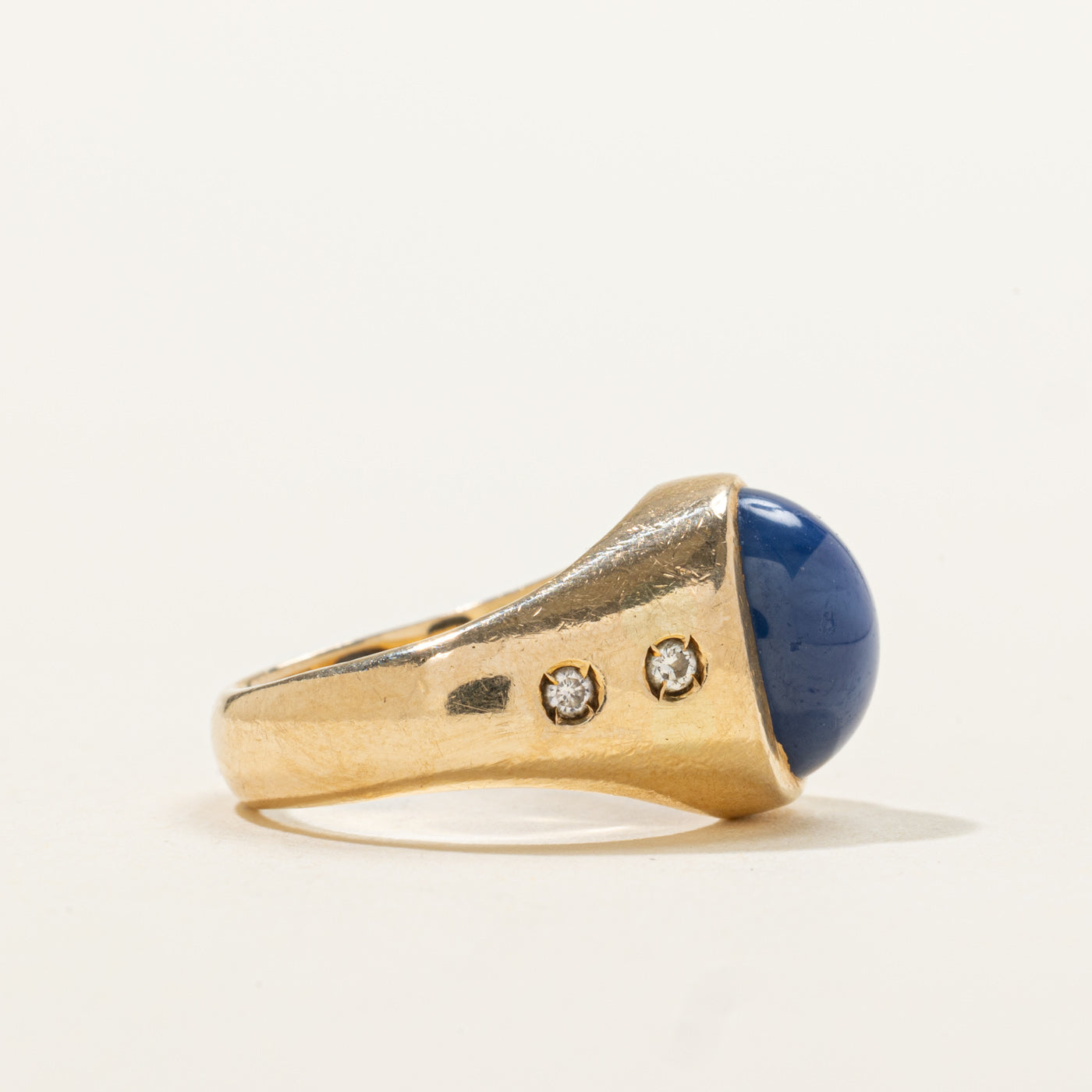 14k Bezel Set Star Sapphire & Diamond Plain Signet Ring | 3.80ct, 0.06ctw | SZ 3