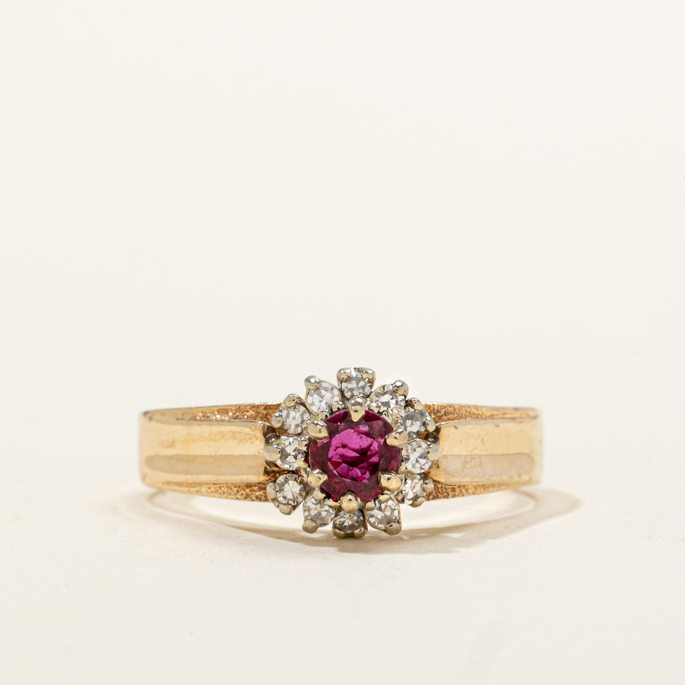 14k Ruby & Diamond Halo Floral Grooved Ring | 0.38ct, 0.12ctw | SZ 8