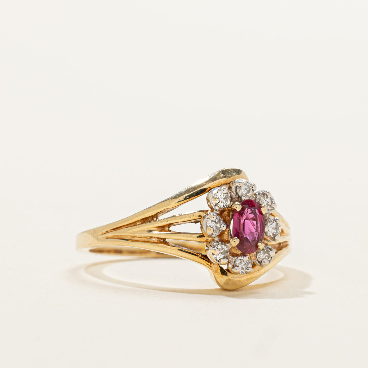 14k Ruby & Diamond Halo Openwork Floral Ring | 0.22ct, 0.08ctw | SZ 6