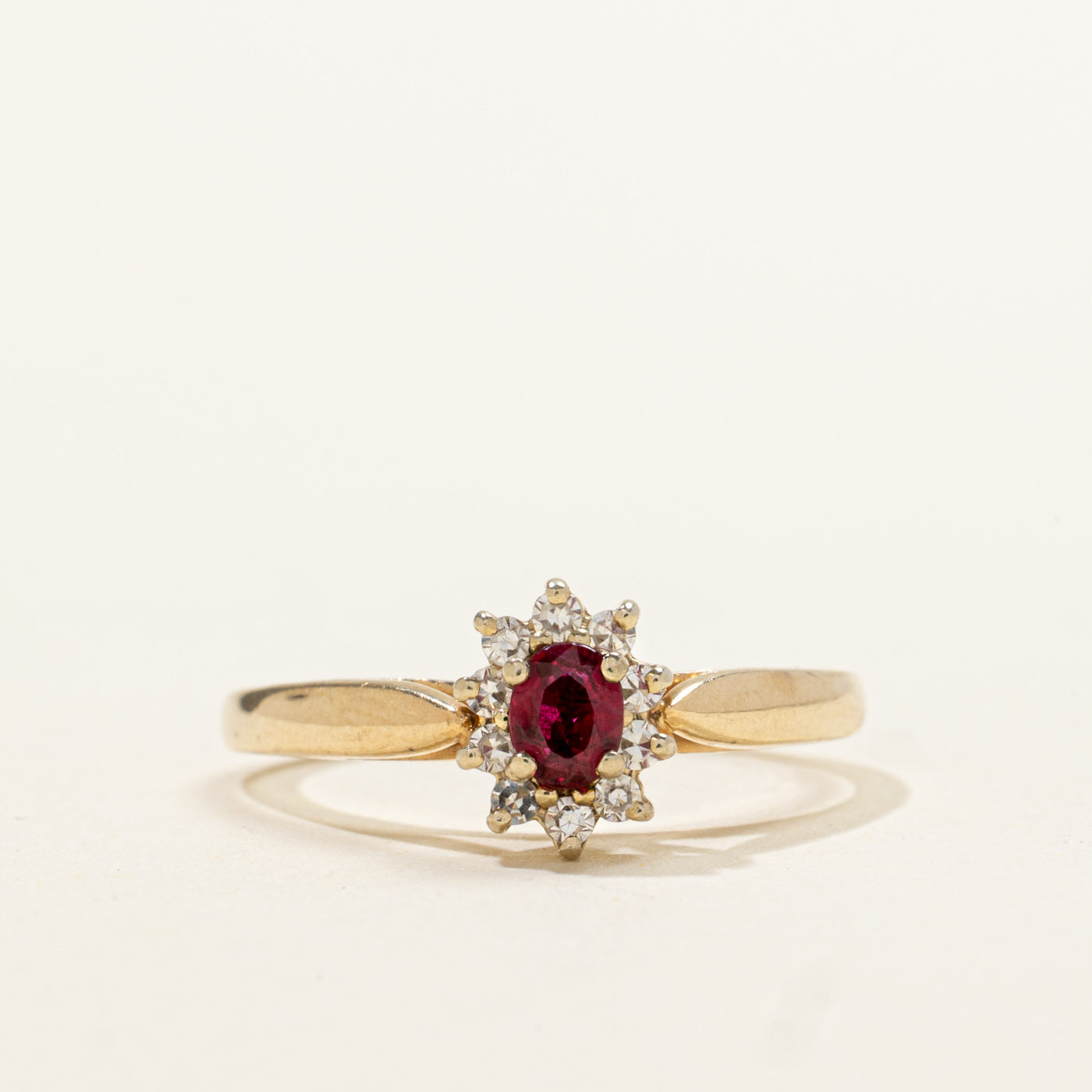 14k Oval Cut Ruby & Diamond Petal Halo Ring | 0.25ct, 0.10ctw | SZ 6.5