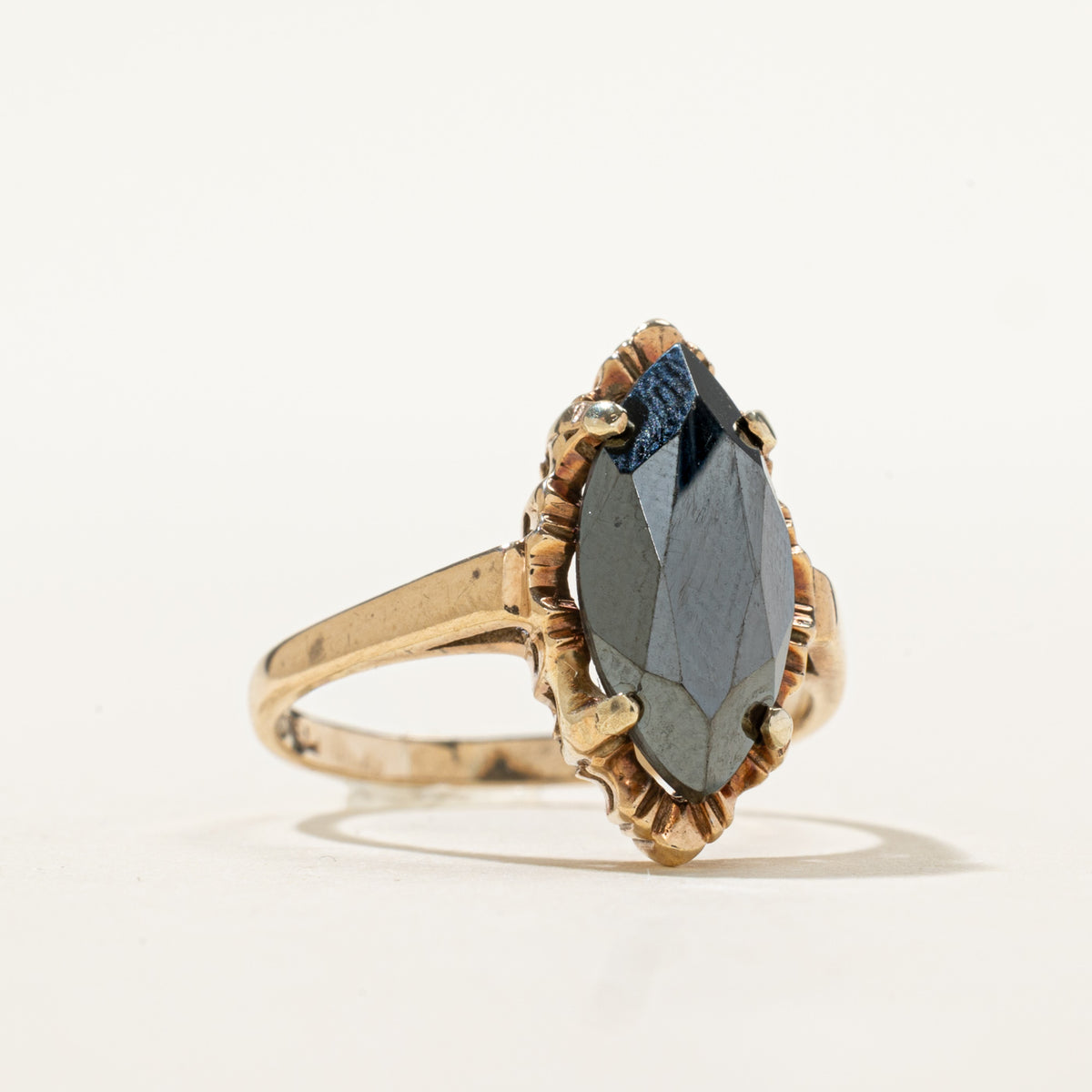 10k Solitaire Hematite Textured Navette Ring | 2.30ct | SZ 6.75