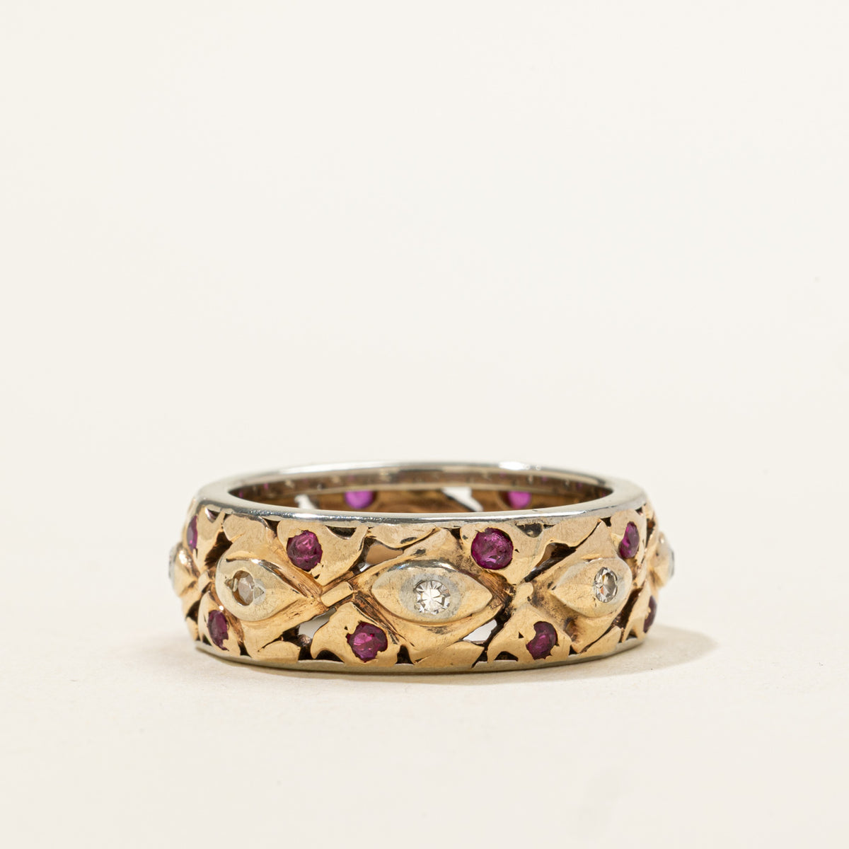 14k Eternity Ruby & Diamond Openwork & Textured Band | 0.40ct, 0.12ctw | 7.30mm | SZ 7.25
