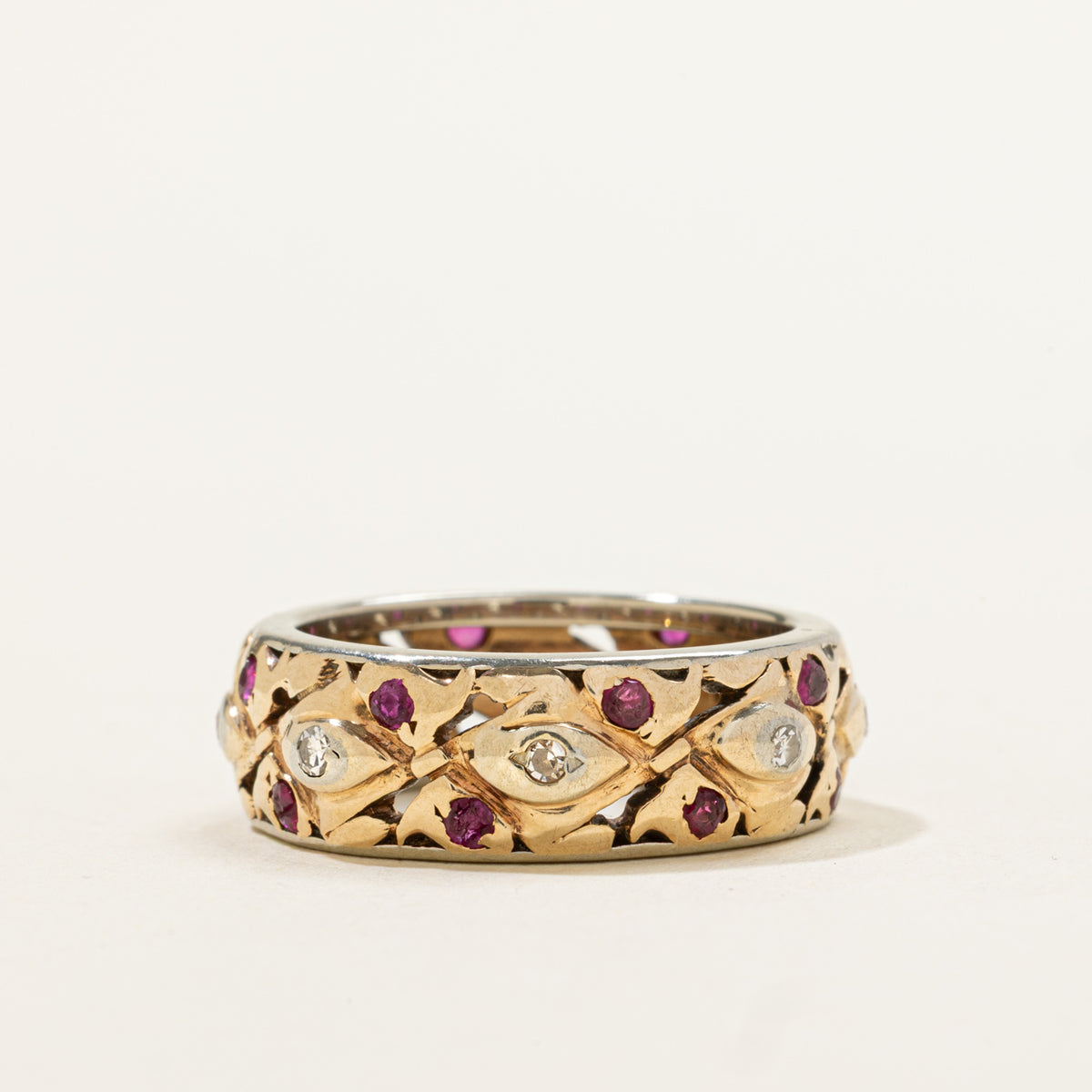 14k Eternity Ruby & Diamond Openwork & Textured Band | 0.40ct, 0.12ctw | 7.30mm | SZ 7.25