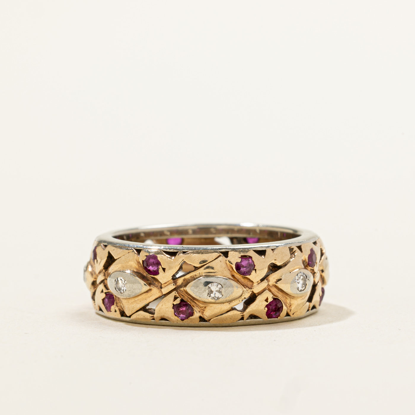 14k Eternity Ruby & Diamond Openwork & Textured Band | 0.40ct, 0.12ctw | 7.30mm | SZ 7.25