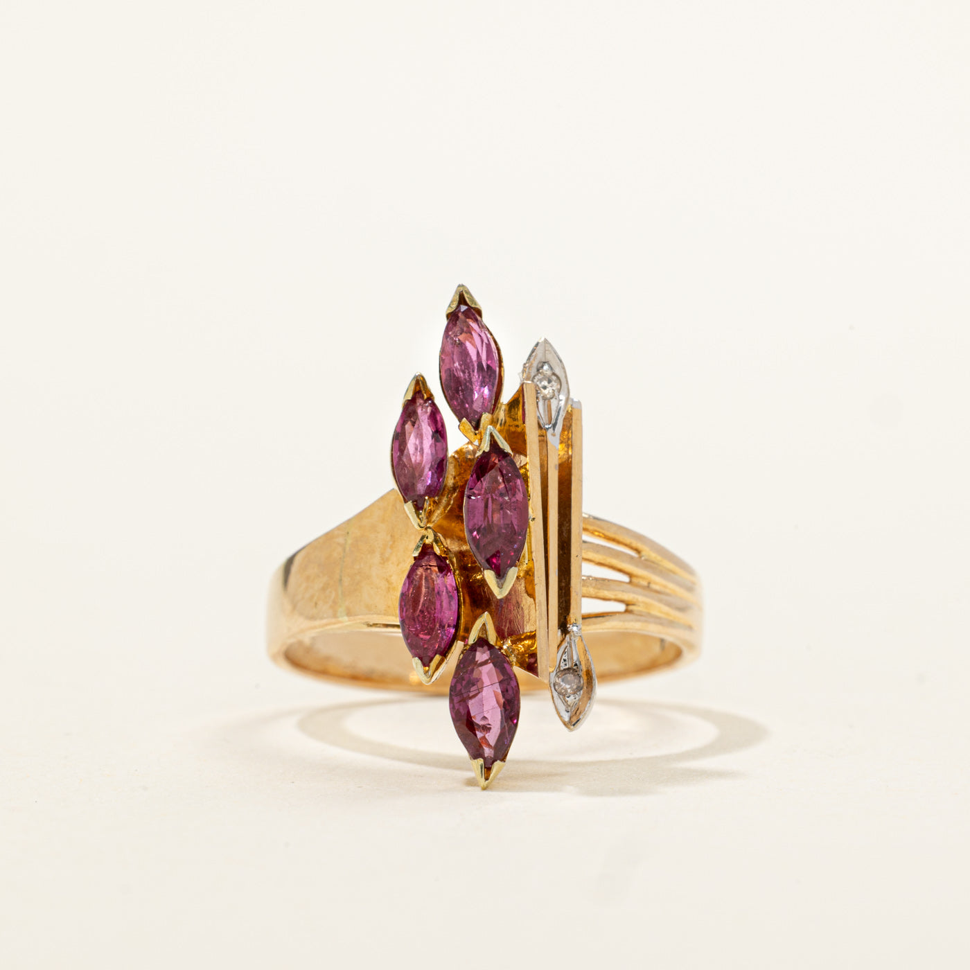 14k Marquise Cut Ruby & Diamond Cluster Grooved Ring | 0.60ctw, 0.01ctw | SZ 6.25