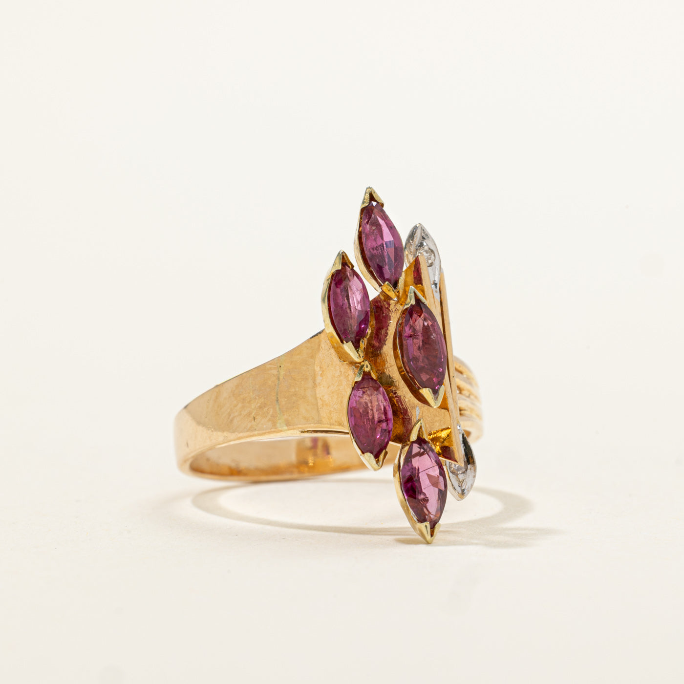 14k Marquise Cut Ruby & Diamond Cluster Grooved Ring | 0.60ctw, 0.01ctw | SZ 6.25